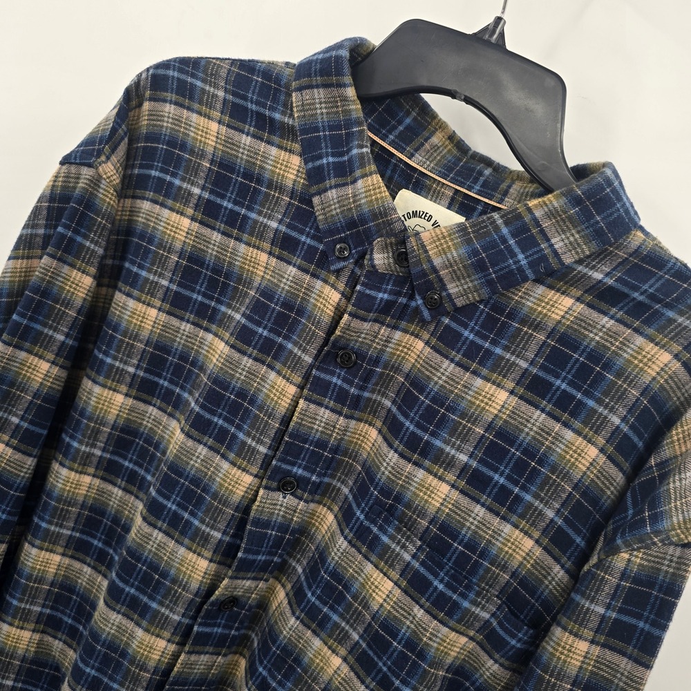 Dubinik Flannel Mens 3XL Plaid Shirt Blue Tan Cotton Long Sleeve Button Down